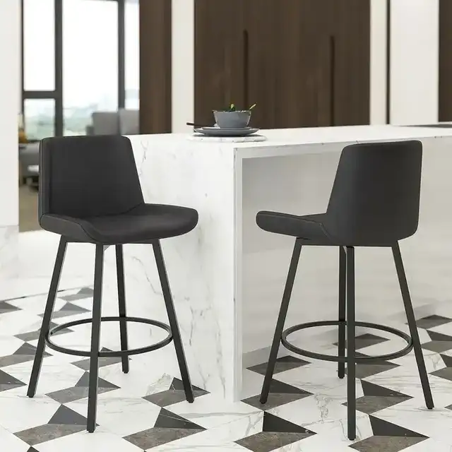 Fern 26" Counter Stool with Swivel, Set of 2 in Vintage Charcoal PU and Black