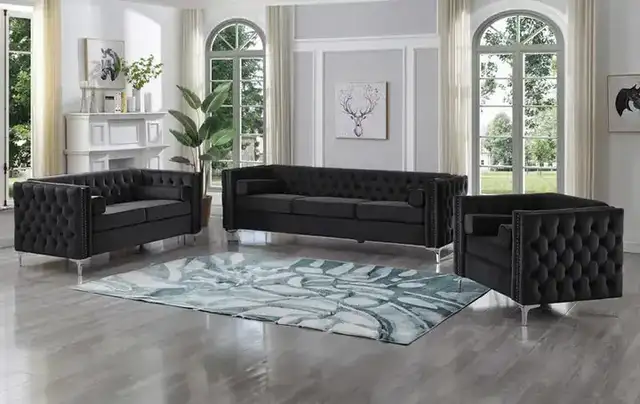IF 8007 (Black Velvet) - 3Pc Sofa Stationary Set