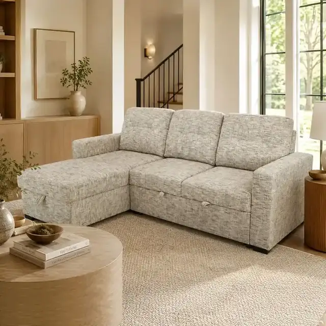 Draga Sofa with Reversible Chaise & Bed & Storage in Beige