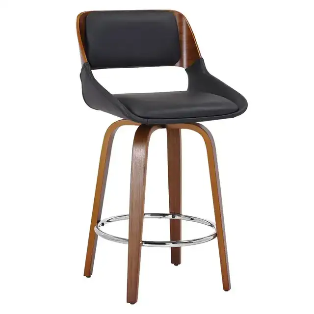 Hudson 26" Counter Stool with Swivel in Black Faux Leather and Walnut