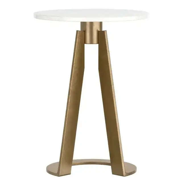 Devas Round Accent Table in White and Aged Brass