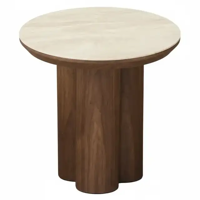 Seaton Round Accent Table in Walnut and Travertine
