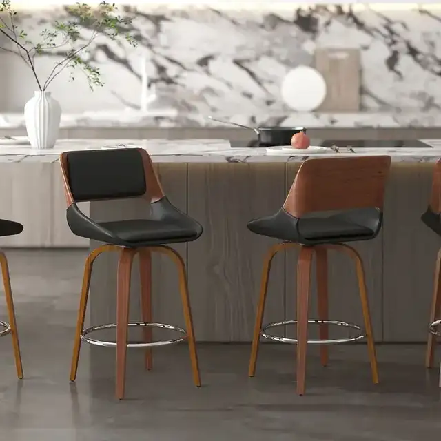 Hudson 26" Counter Stool with Swivel in Black Faux Leather and Walnut