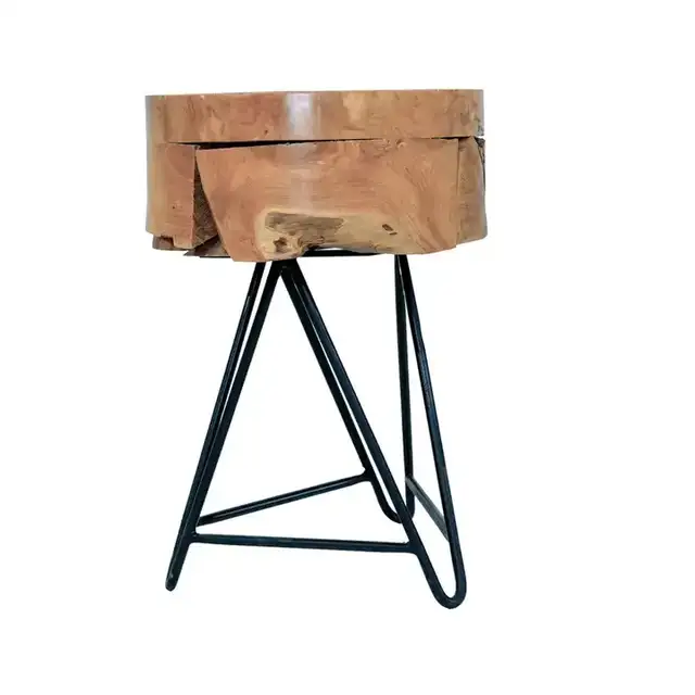Solid Teak Stool with Black Metal Legs