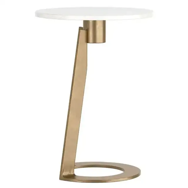 Devas Round Accent Table in White and Aged Brass