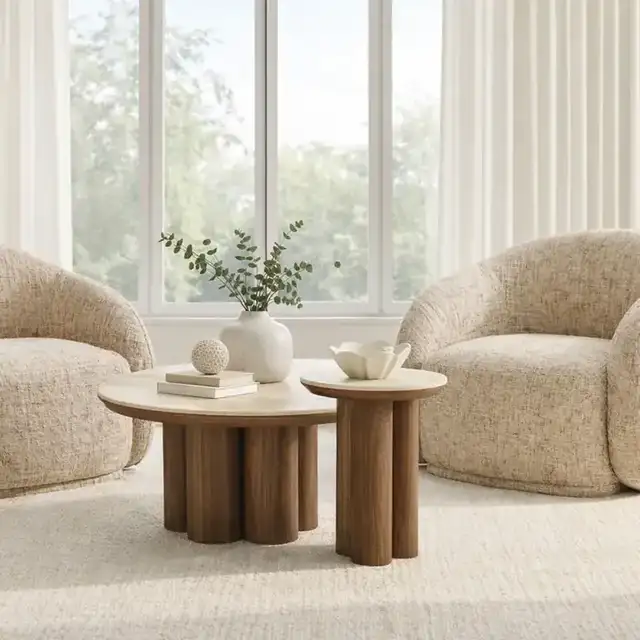 Seaton Round Coffee Table in Walnut and Travertine