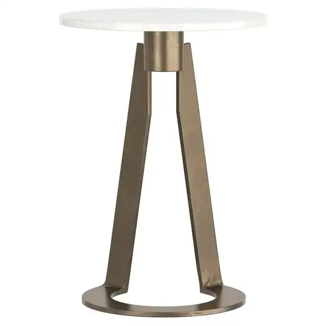 Devas Round Accent Table in White and Aged Brass