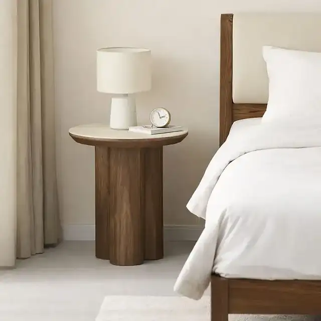 Seaton Round Accent Table in Walnut and Travertine
