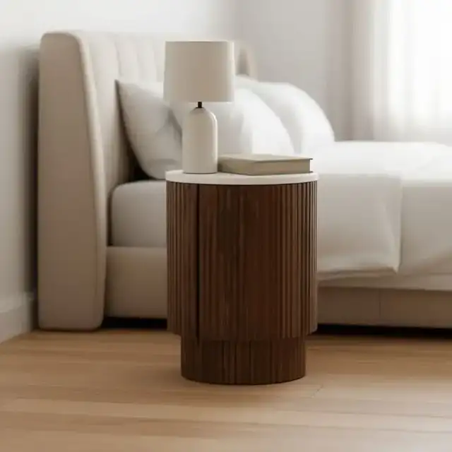 Reyna Round Accent Table with Storage in Walnut and White
