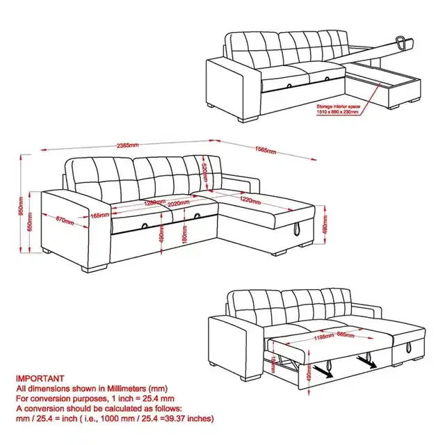 Draga Sofa with Reversible Chaise & Bed & Storage in Beige