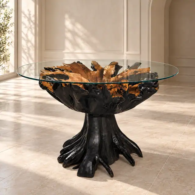 Carved Teak Root Glass Dining Table — Black — Low view