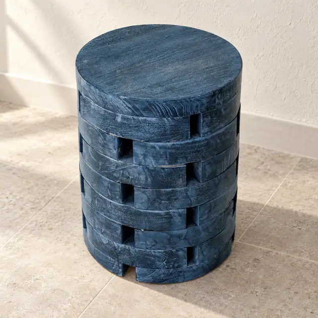Round Teak Side Table in Stone-Effect Finish — Three-quarter