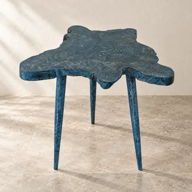 Sculptural Teak Side Table in Stone-Effect Finish