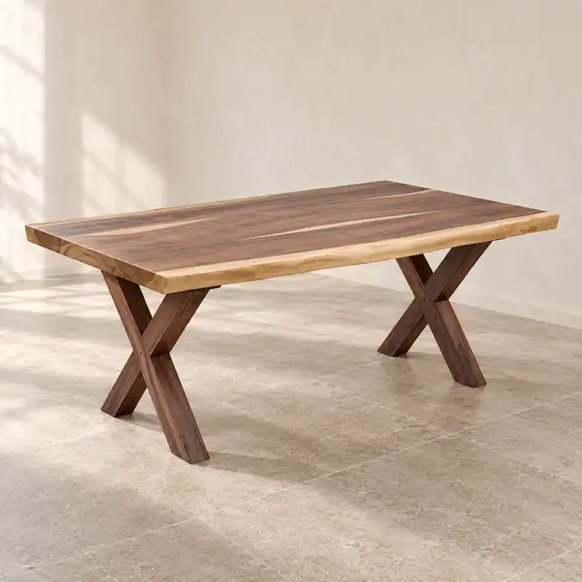 Live Edge Suar Wood Dining Table with Wood X-Legs — Left Three Quarter