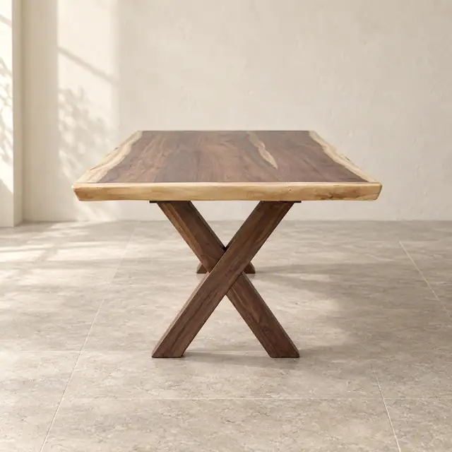 Live Edge Suar Wood Dining Table with Wood X-Legs — Short End Elevation