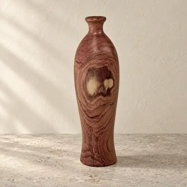 Tall Teak Vase with Flared Rim