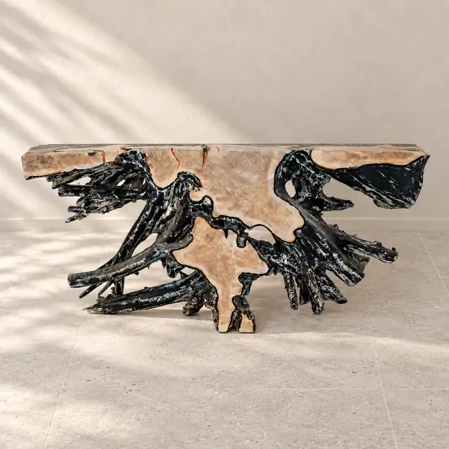 Black Resin Teak Console — High Front Angle