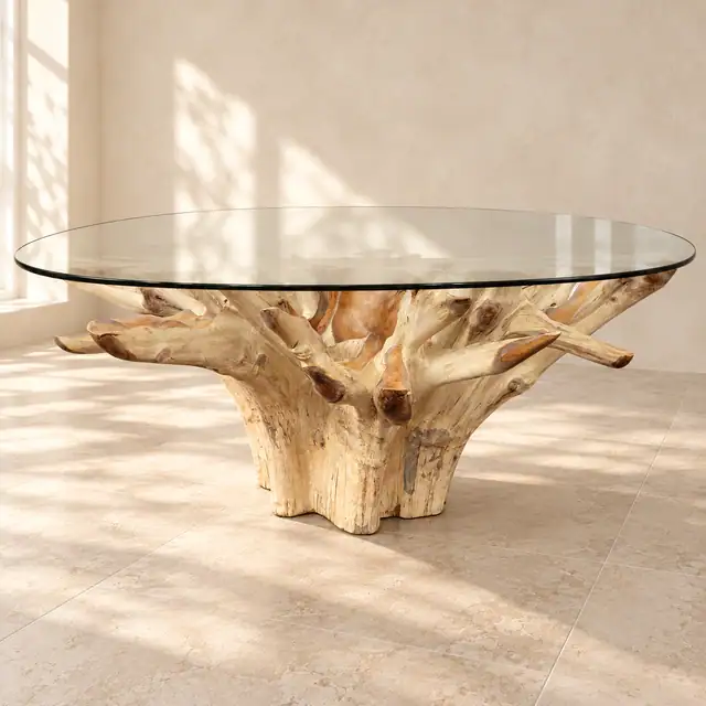 Carved Teak Root Glass Dining Table — Natural — Low view