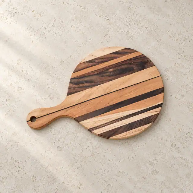 Round Striped Wood Serving Board with Handle