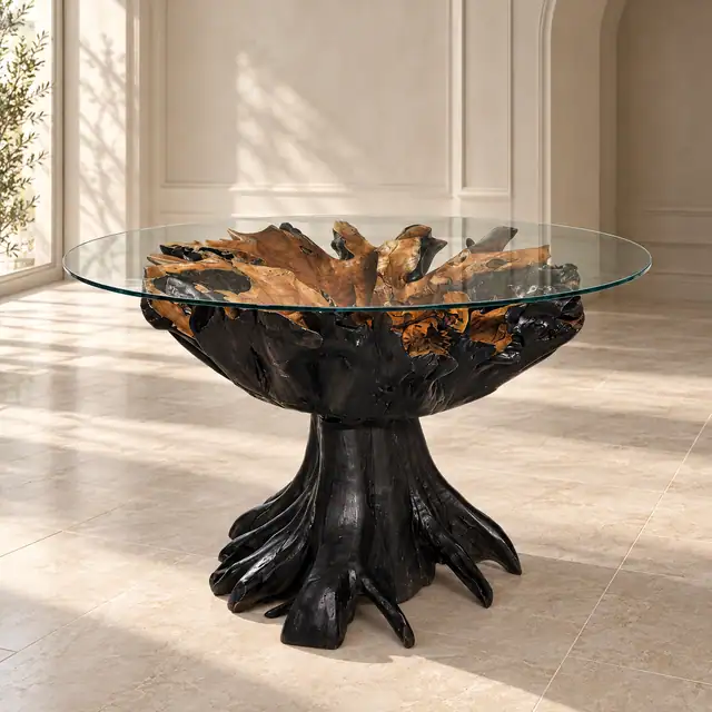 Carved Teak Root Glass Dining Table — Black
