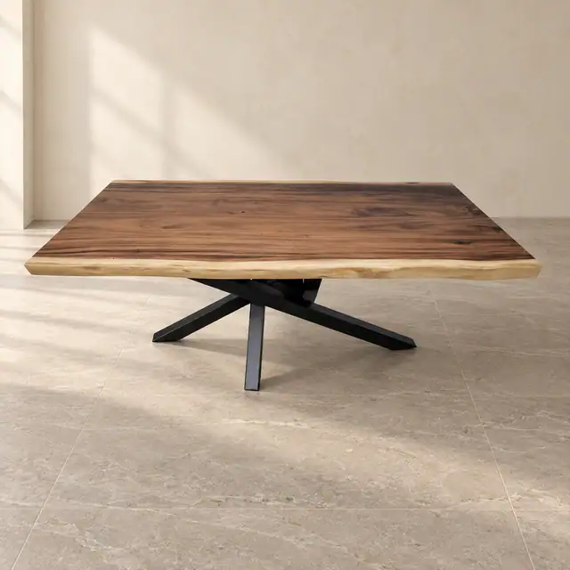 Live Edge Suar Wood Dining Table with Metal Pedestal Base