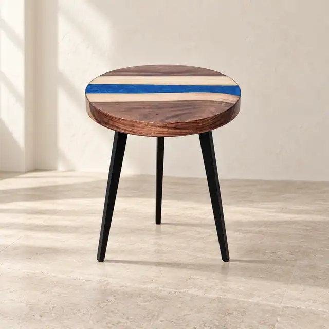 Wood and Blue Resin Accent Side Table