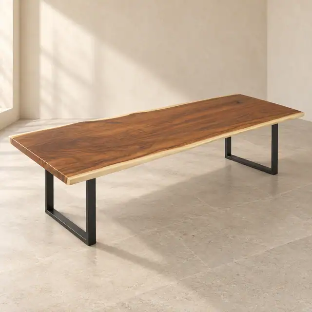Live Edge Suar Wood Dining Table with U-Frame Metal Legs — Three Quarter