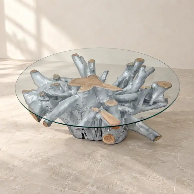 Amara Teak Root Coffee Table — Silver Finish