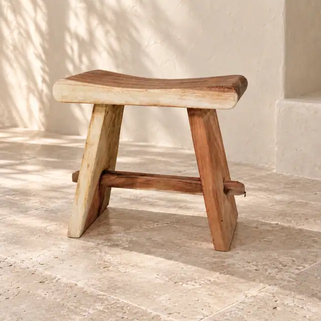 Natural-Finish Suar Wood Saddle-Seat Stool
