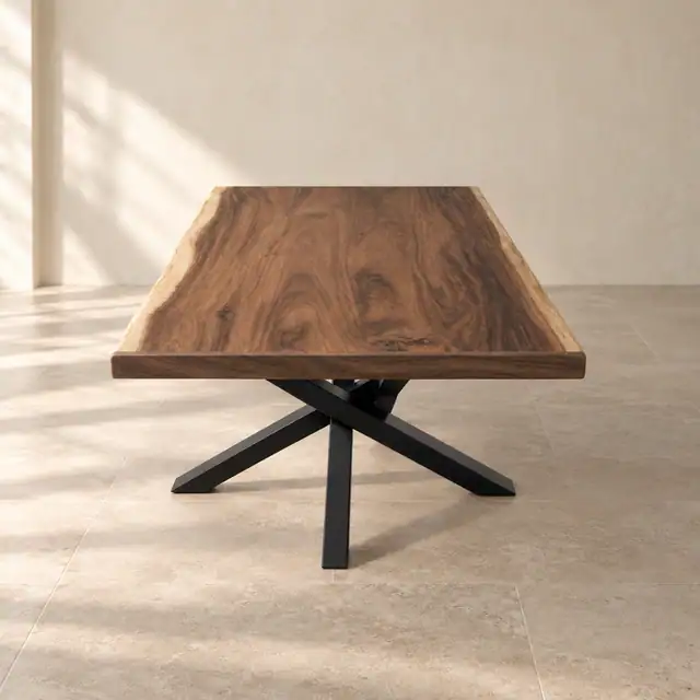 Live Edge Suar Wood Dining Table with Metal Pedestal Base — Side