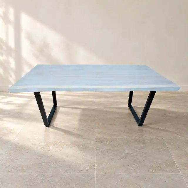 Whitewashed Live Edge Suar Wood Dining Table with U-Frame Legs