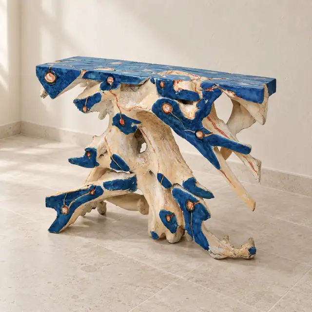 Blue River Teak Console — Three-quarter