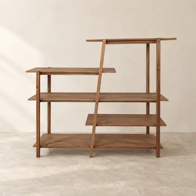 Slanted Teak Display Unit with Three Shelves
