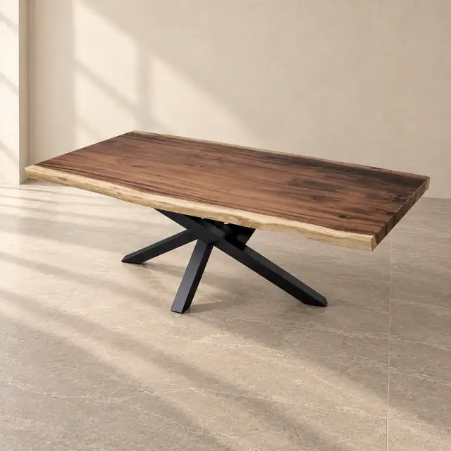 Live Edge Suar Wood Dining Table with Metal Pedestal Base — Three-quarter