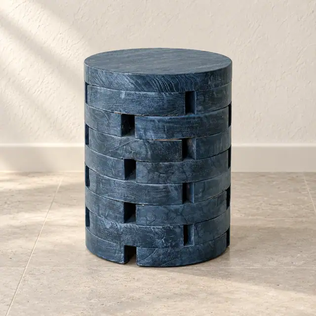 Round Teak Side Table in Stone-Effect Finish