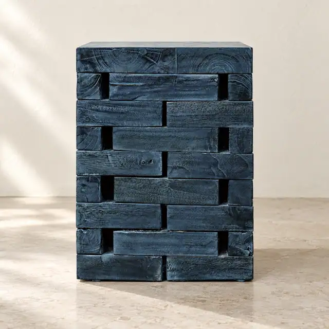 Square Teak Side Table in Stone-Effect Finish