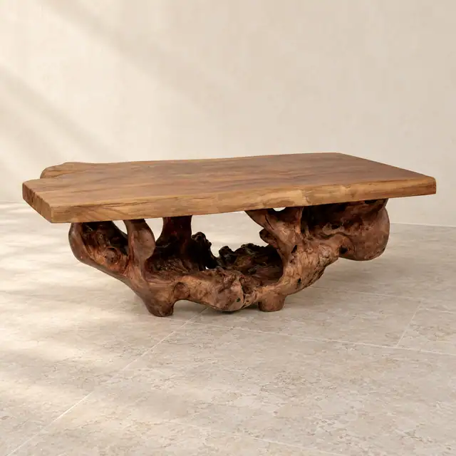 Live Edge Teak Coffee Table with Natural Root Base — Three Quarter View