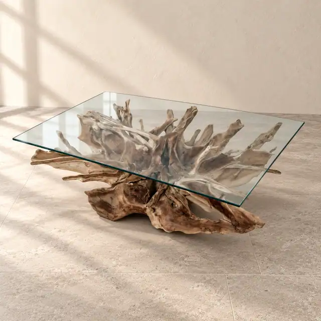 Amara Rectangle Teak Root Coffee Table (Flower) — Three-quarter