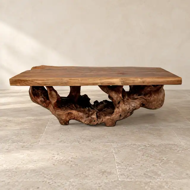 Live Edge Teak Coffee Table with Natural Root Base