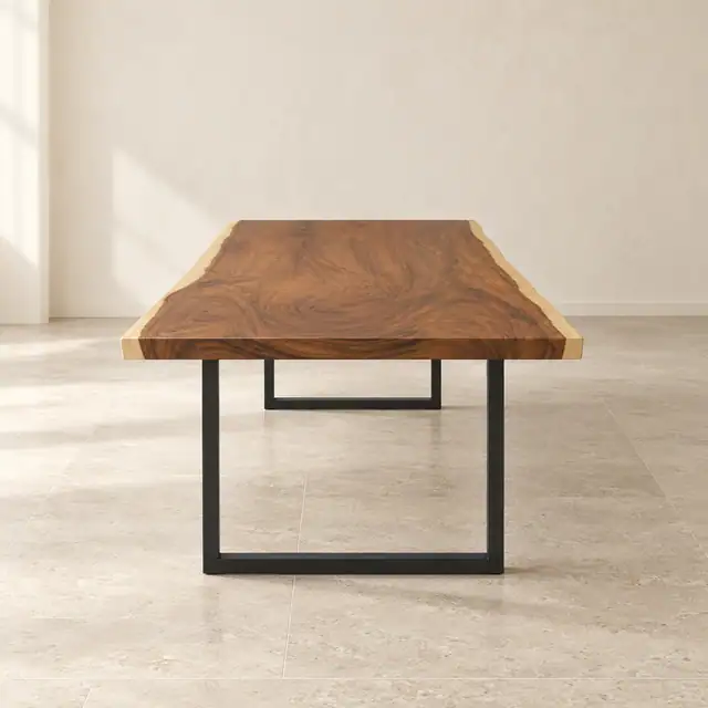 Live Edge Suar Wood Dining Table with U-Frame Metal Legs — Short End View