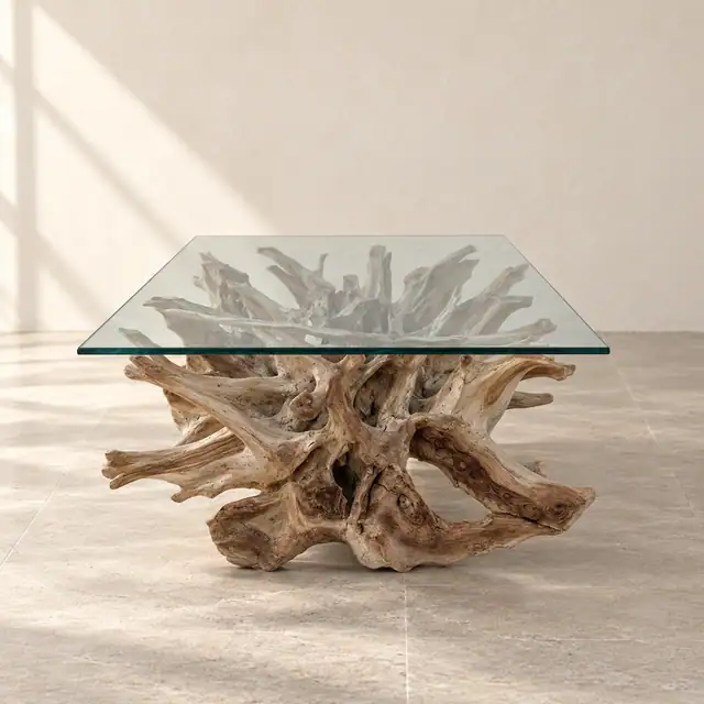 Amara Rectangle Teak Root Coffee Table (Flower) — Side