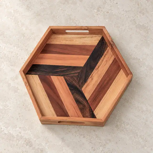 Hexagonal Wood Mosaic Serving Tray