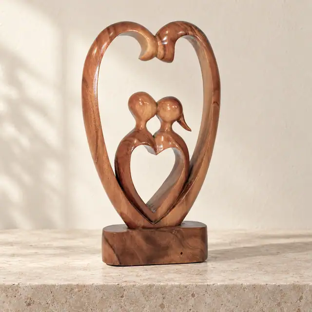 Hand-Carved Teak Couple Sculpture