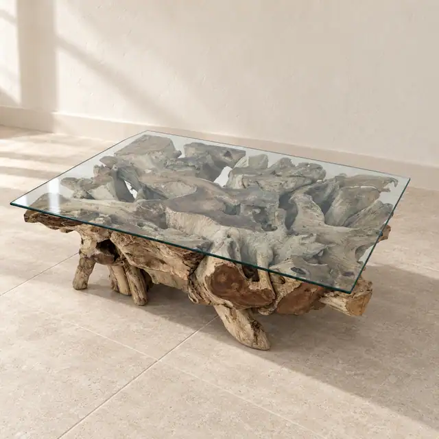 Amara Rectangle Teak Root Coffee Table — Three-quarter