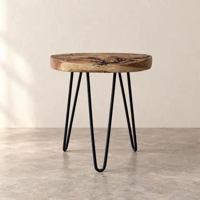 Burn-Pattern Teak Side Table with Metal Legs — Design 02