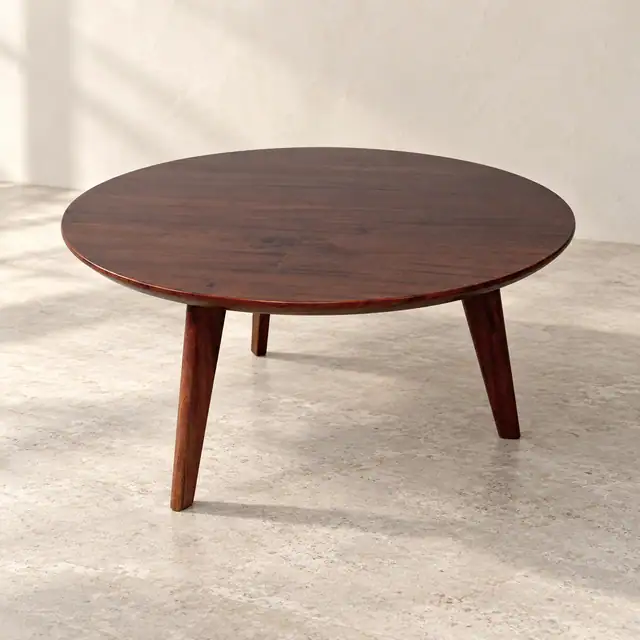 Round Solid Mahogany Coffee Table — Elevated Three Quarter