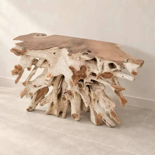 Amara Teak Root Console — Three-quarter
