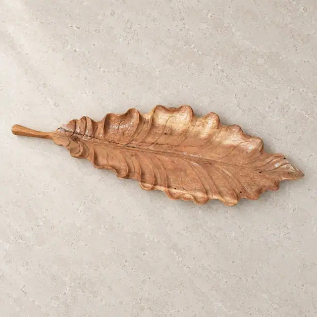 Hand-Carved Teak Leaf Sculpture