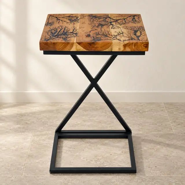 Burn-Pattern Teak Side Table — Design 01