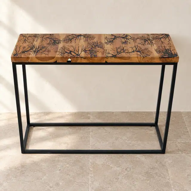 Burn-Pattern Teak Console with Metal Legs